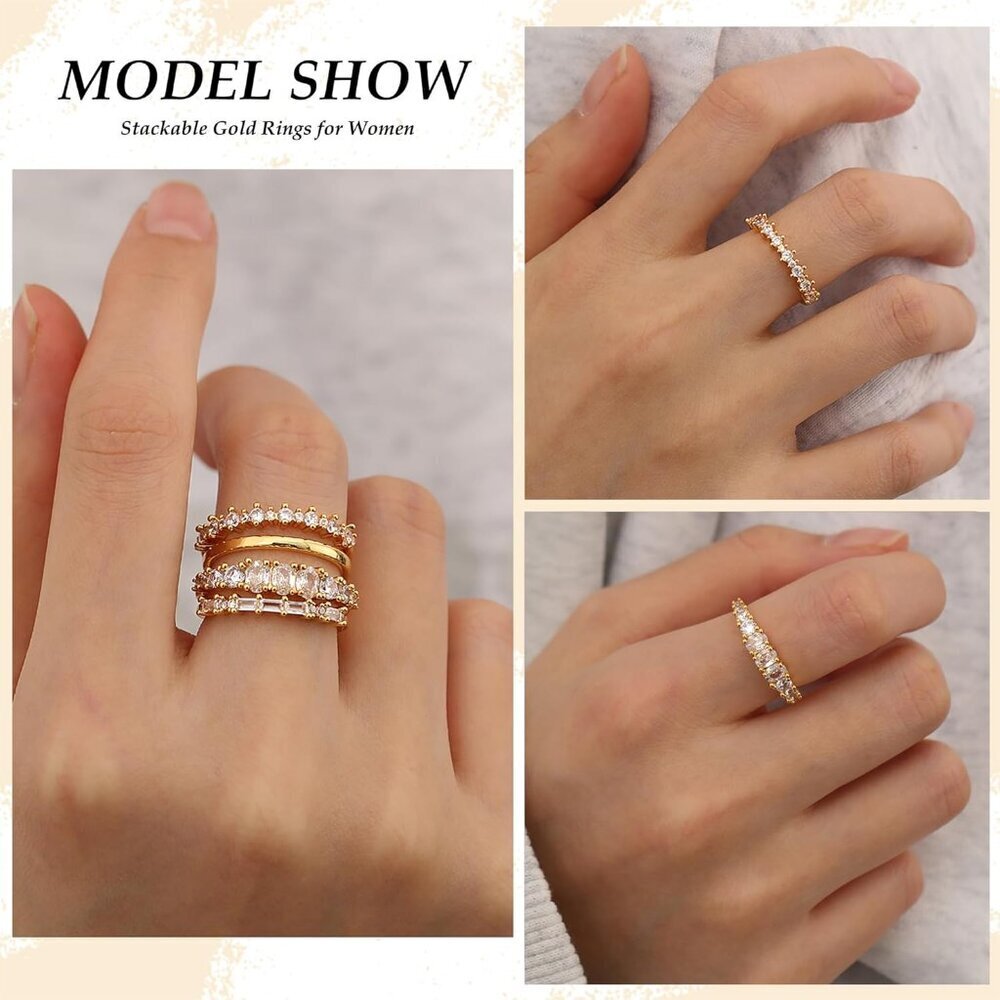 Stackable Gold Rings for Women Non Tarnish Dainty 14K Gold Plated Stacking Cubic - Picture 5 of 6